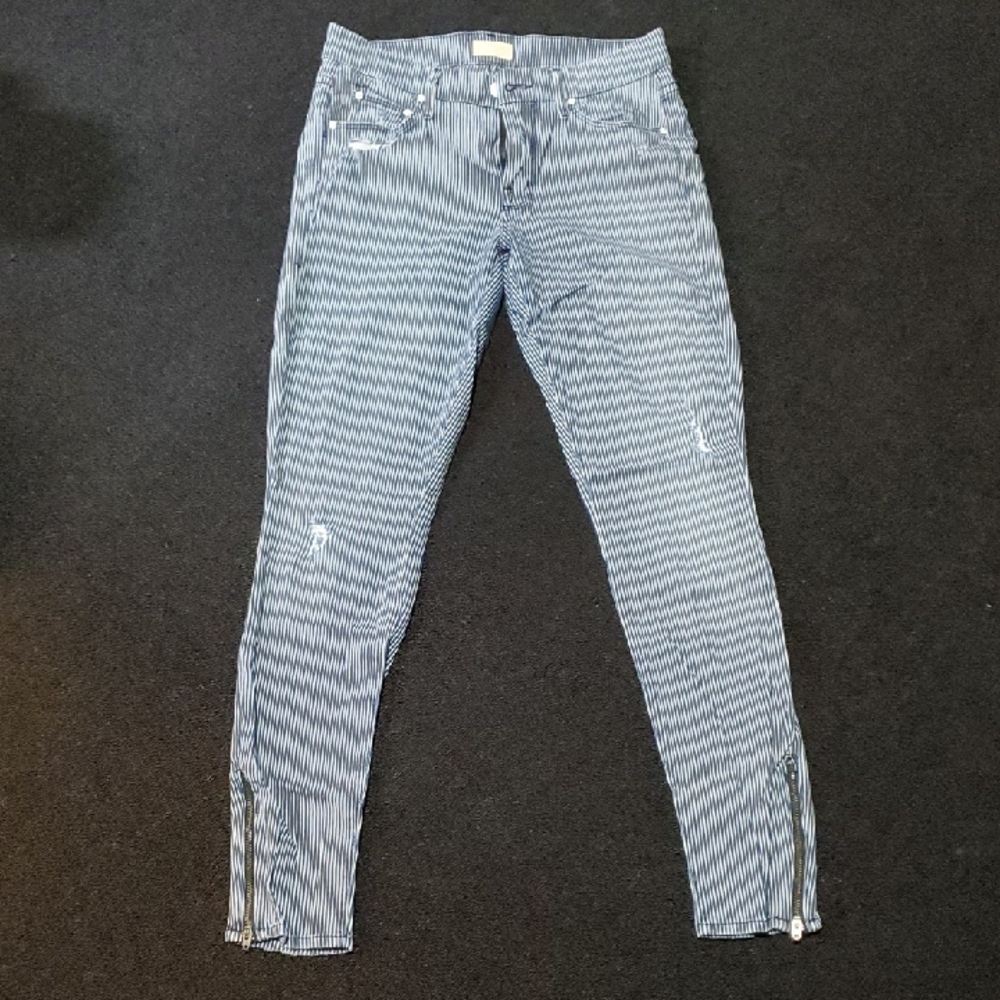 MOTHER Skinny Jeans Blue Stripe w/ Ankle Zipper Accent